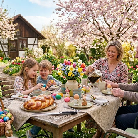 Gedeckter Oster-Brunch-Tisch mit bunten Eiern, Hefezopf und Frühlingsblumen im sonnigen Garten