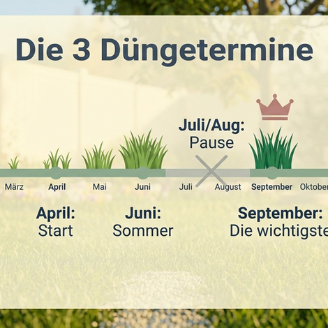 Infografik: Die 3 Düngetermine für den Rasen - April, Juni und die wichtigste Düngung im September