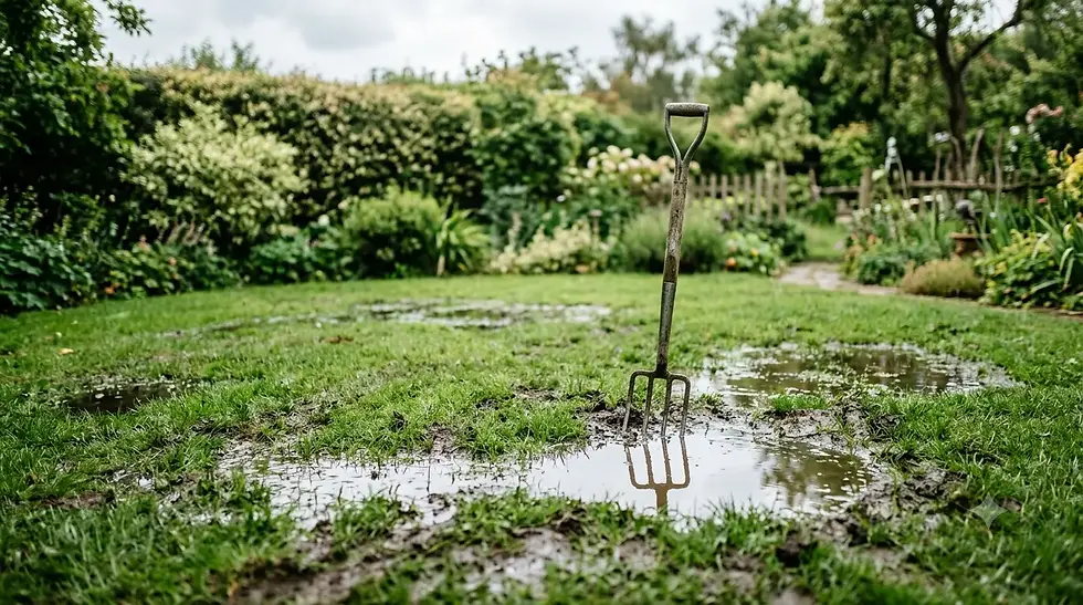 Rasen mit blühendem Löwenzahn und Klee, daneben ein Unkrautstecher - Unkraut im Rasen entfernen