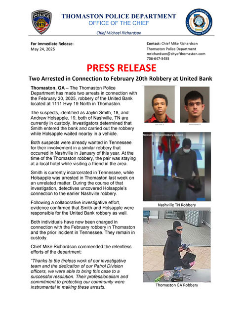 Thomaston Police Arrest Two In Connection With United Bank Robbery