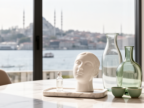 Mermer tepside küçük cam şişeyle beyaz yüz heykeli, İstanbul manzarası