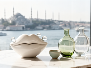 Şeffaf cam damlalarla beyaz seramik dudak heykeli, İstanbul manzarası