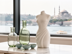 İstanbul manzaralı pencere önünde beyaz seramik gövde heykeli