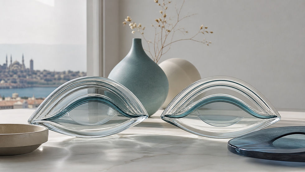 Glass eye-shaped sculptures and vases in a bright room with a view over Istanbul