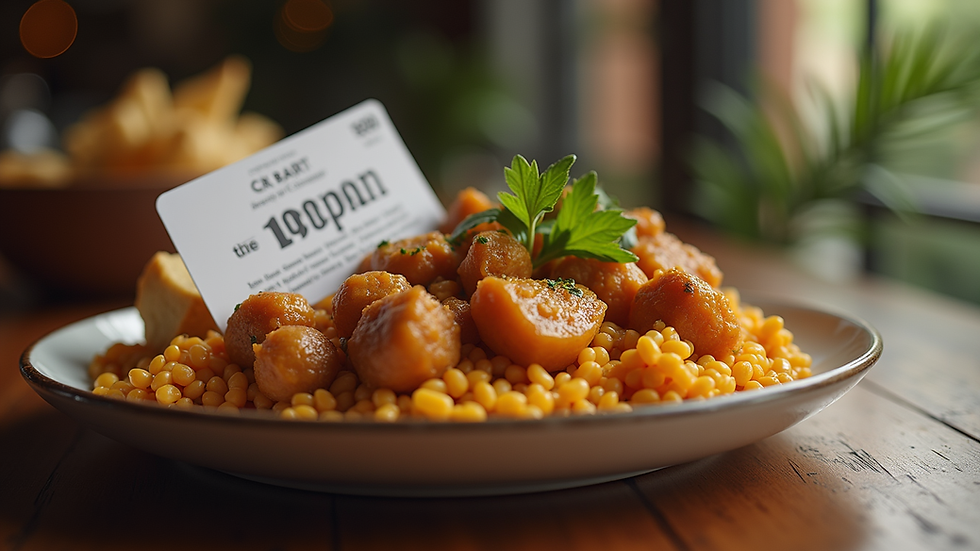 Close-up view of a restaurant loyalty card and a delicious plate of Nigerian food