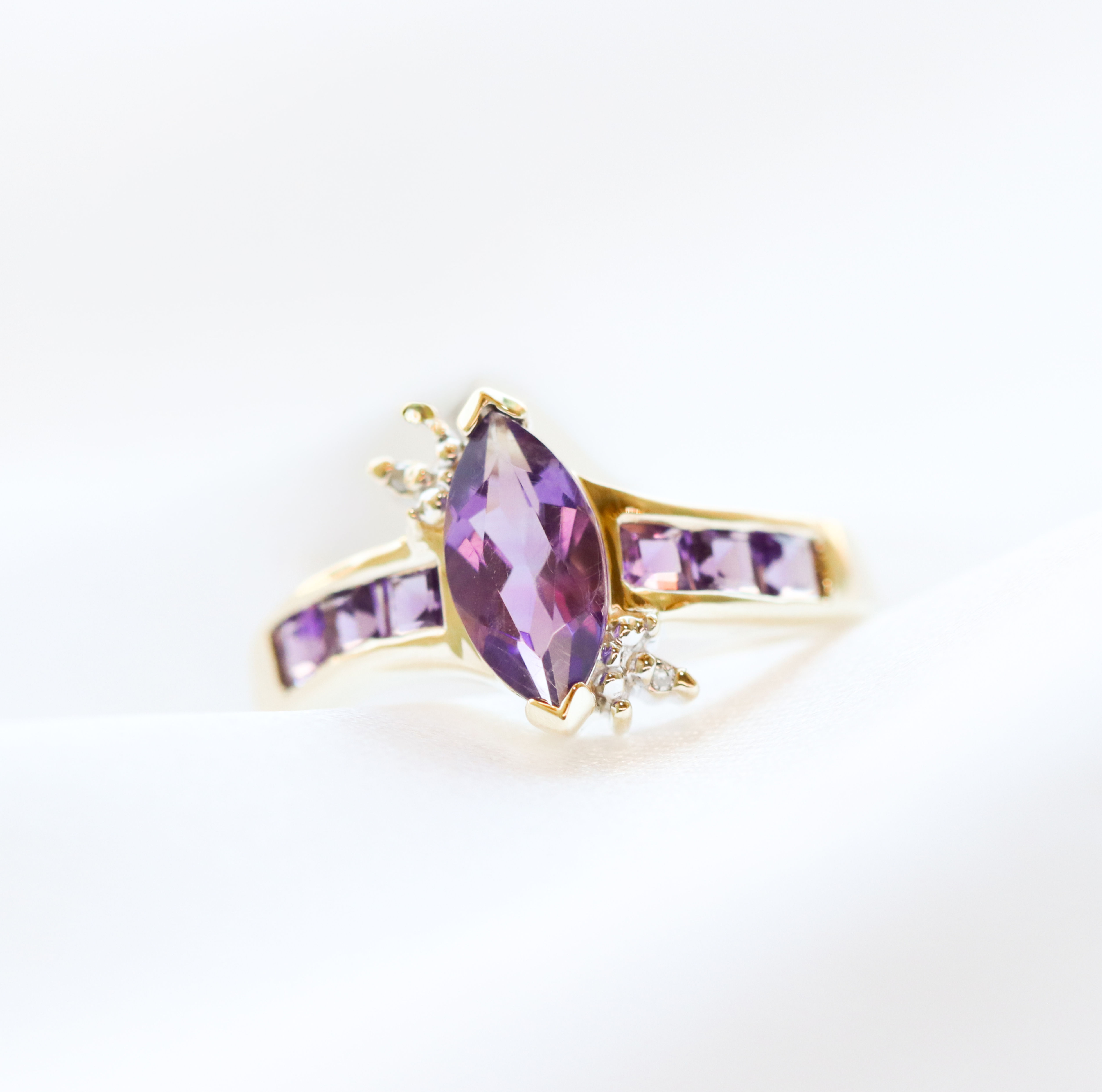 Estate 10ky Amethyst Marquise ring with Diamonds