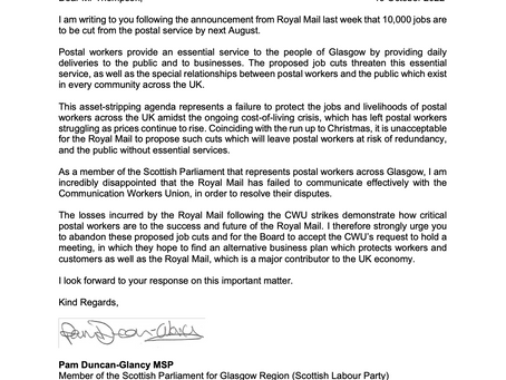 ROYAL MAIL MUST WORK WITH CWU TO PREVENT GLASGOW JOB LOSSES