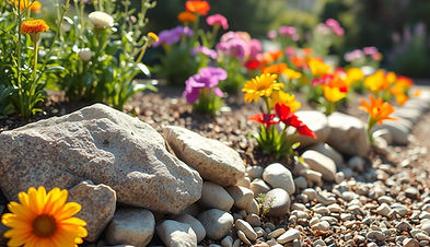 landscaping small rocks in a bed with colorful flowers and sunlight .jpg
