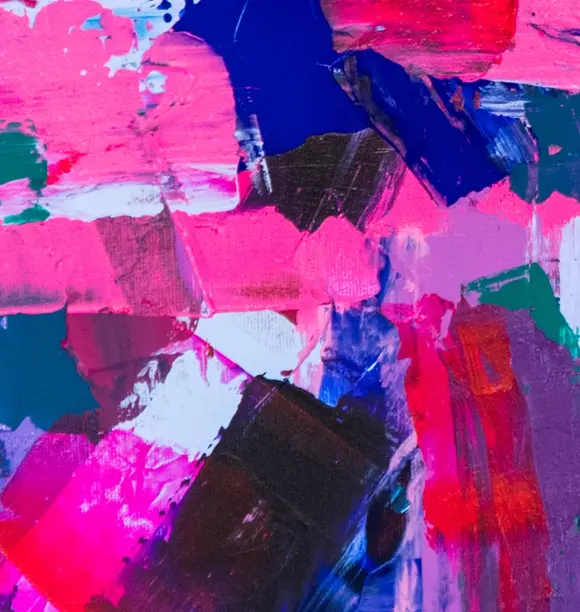 Dettaglio del quadro moderno  Your Colors di Gustave de la Reine con colori rosa e blu. Si tratta di un'opera d'arte originale dipinta a mano