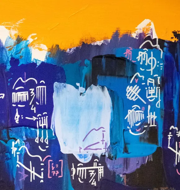 foto del quadro moderno astratto dipinto a mano su tela da gustave de la riene e ispirato a canzone di fabrizio de andre muri de maine. adatto per arredo casa e ufficio 