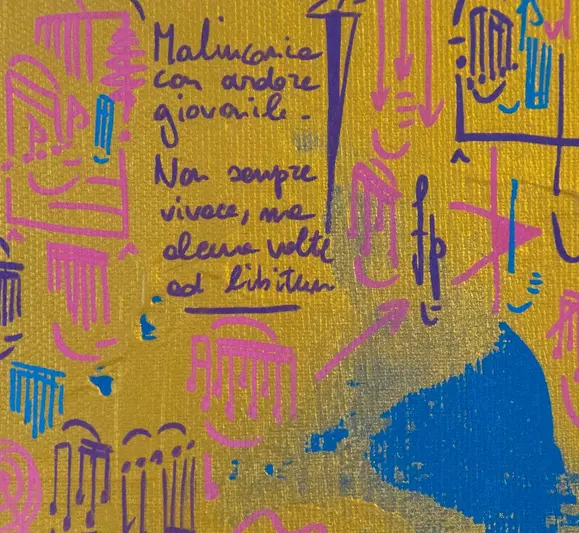 Foto ritrae un quadro moderno asrtratto dipinto a mano su tela di fustave de la reine nella seire Playlist e ispirato alla canzone di de andre la vitta vecchia. Adatto all'arredo di lusso della casa e ufficio Dettaglio