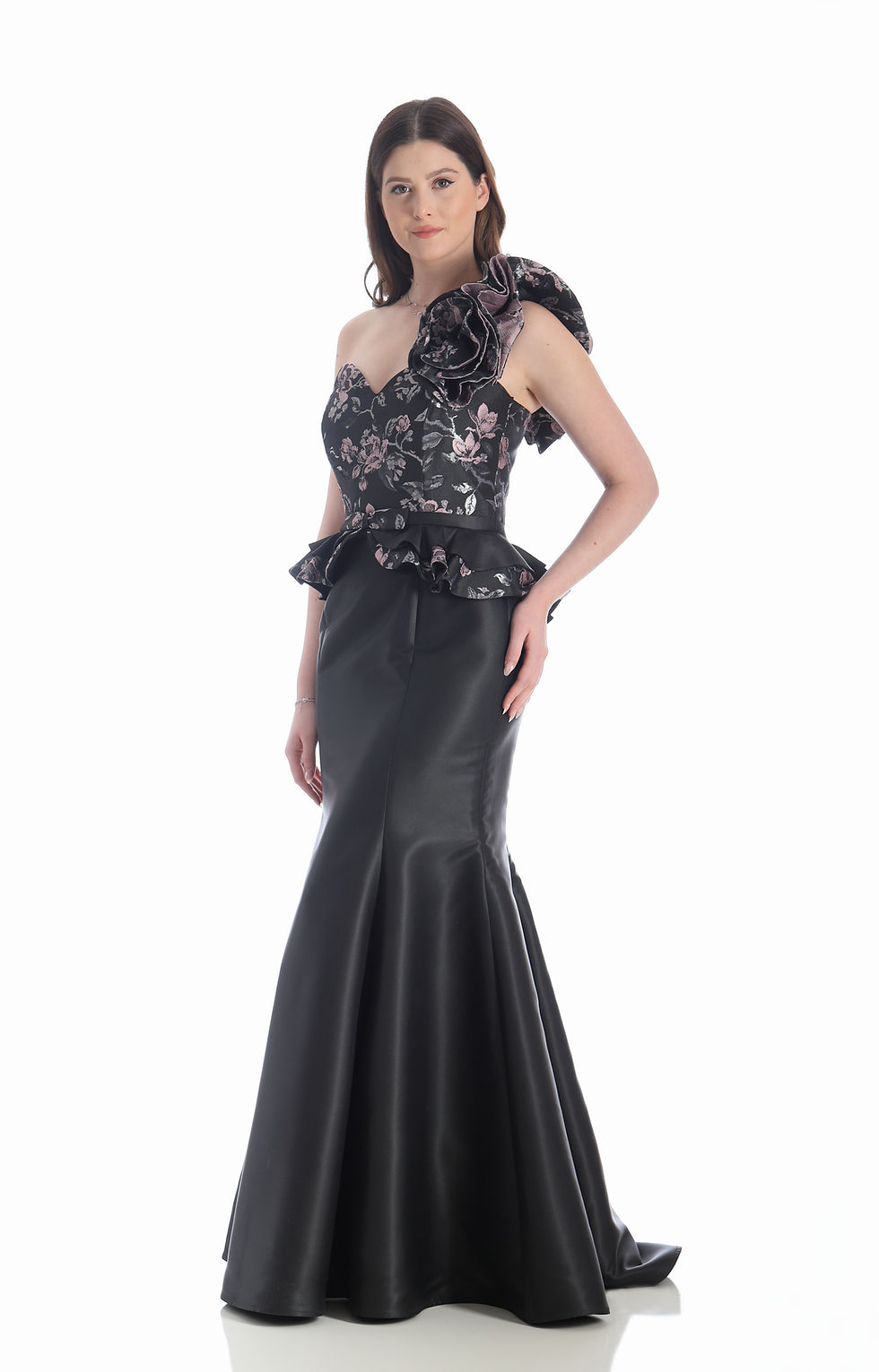 Thumbnail: A high fashion model wearing a Lorellana Couture Mother of the Bride dress