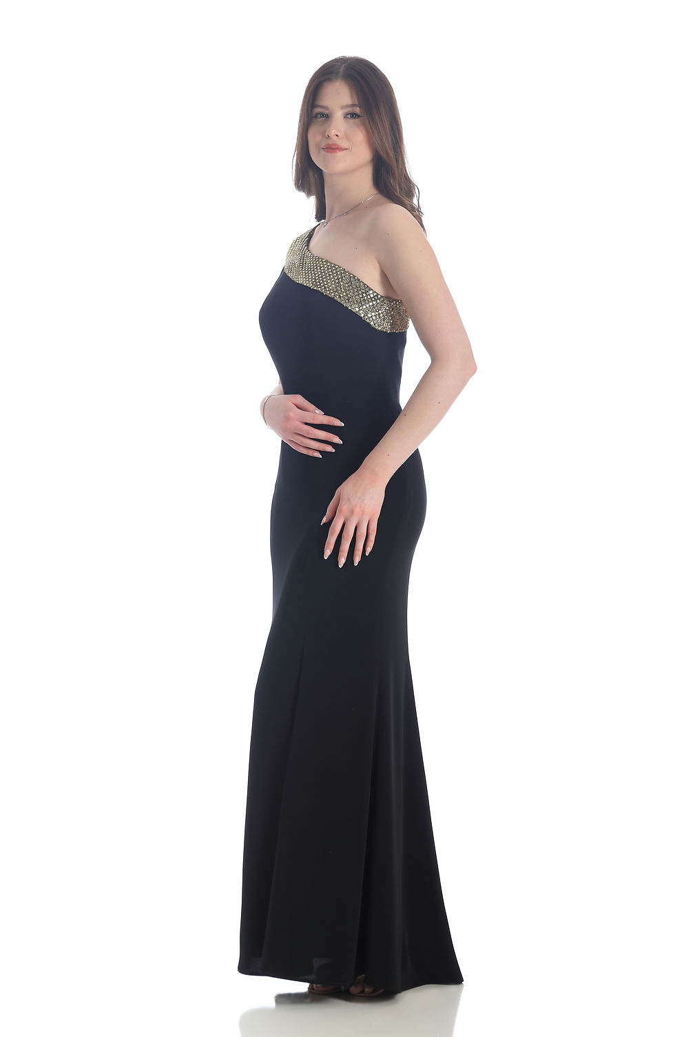 Thumbnail: A high fashion model wearing a Lorellana Couture Mother of the Bride dress