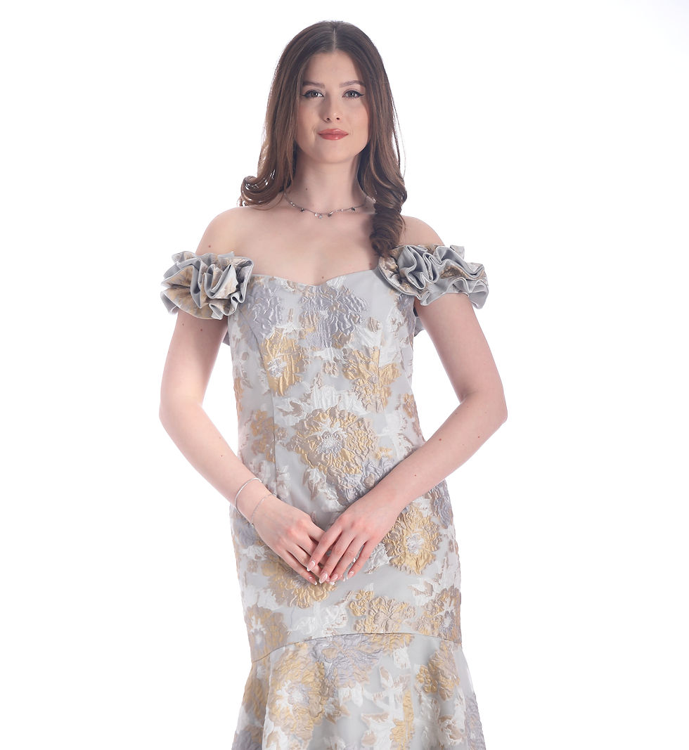 Thumbnail: A high fashion model wearing a Lorellana Couture Mother of the Bride dress