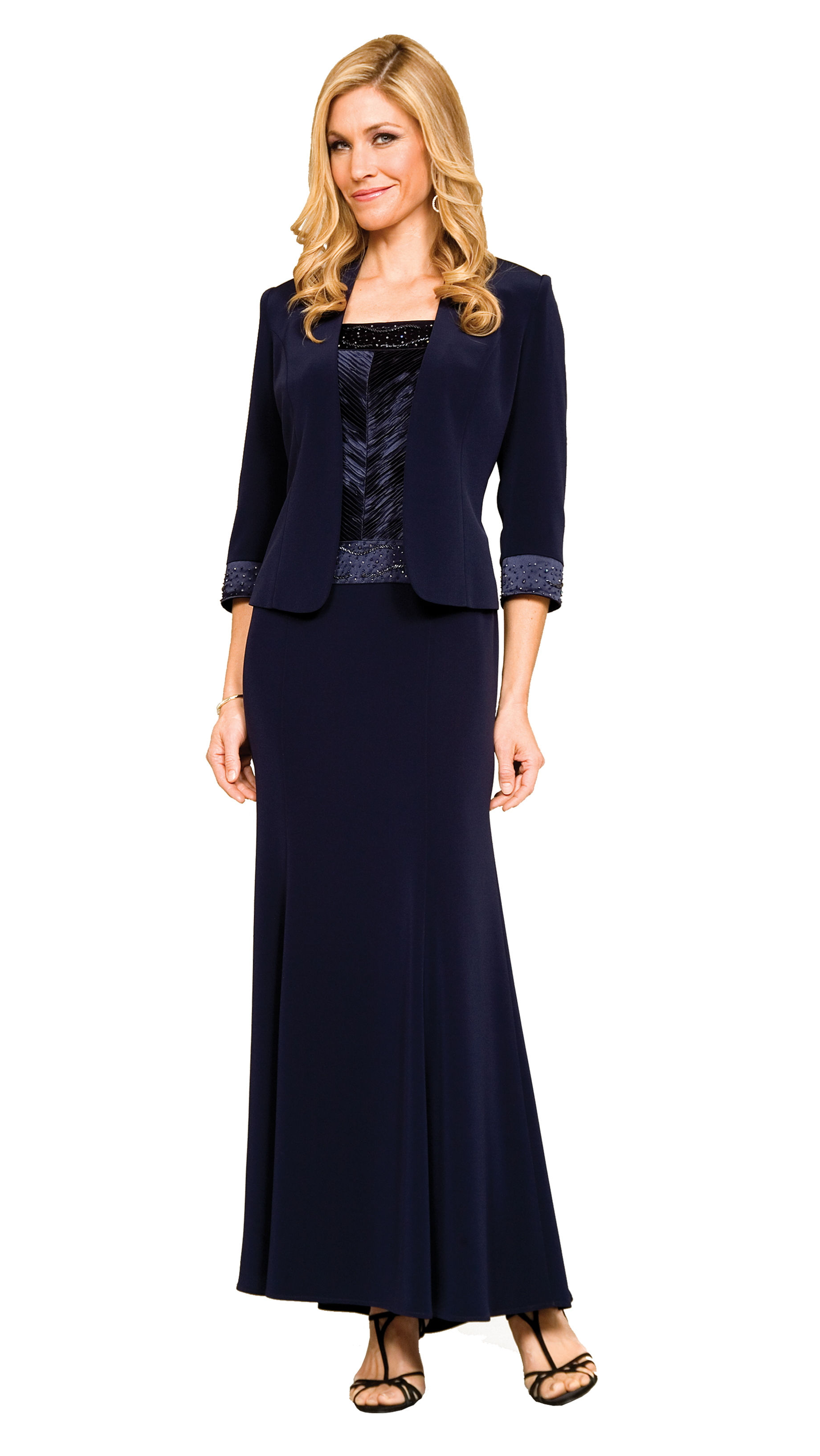 A high fashion model wearing a Lorellana Couture Mother of the Bride dress