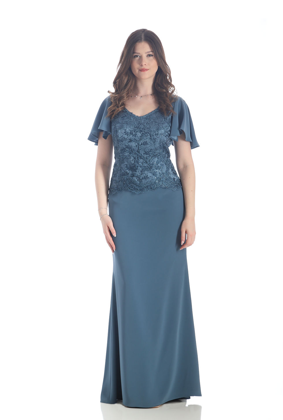 Thumbnail: A high fashion model wearing a Lorellana Couture Mother of the Bride dress