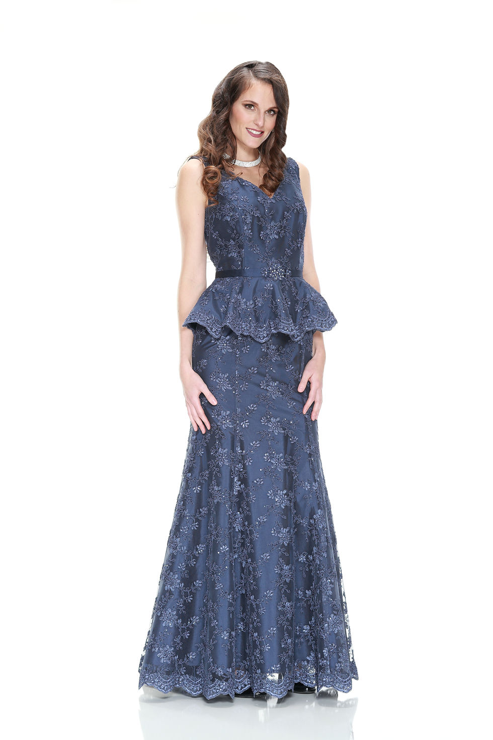 Thumbnail: A high fashion model wearing a Lorellana Couture Mother of the Bride dress