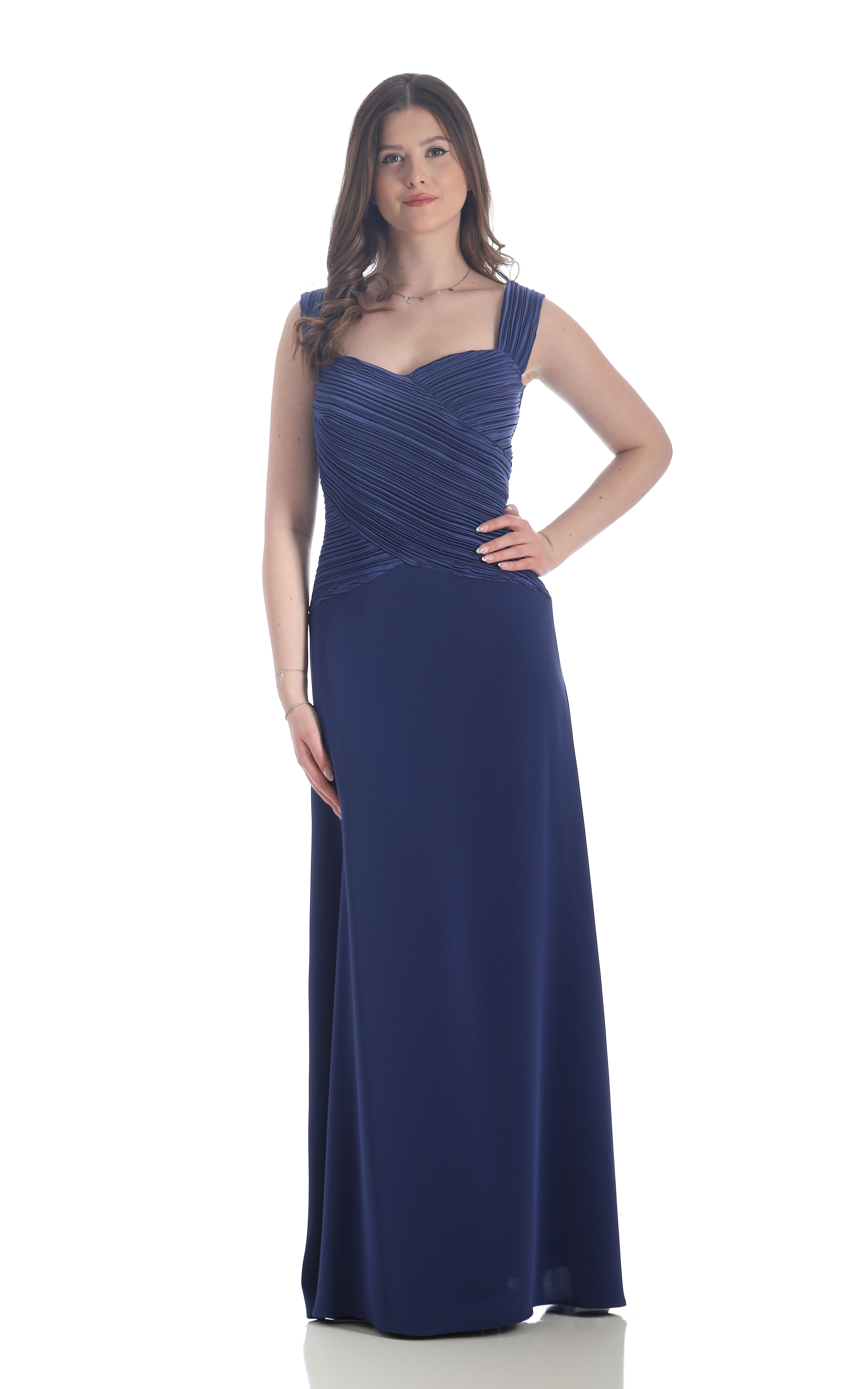 A high fashion model wearing a Lorellana Couture Mother of the Bride dress