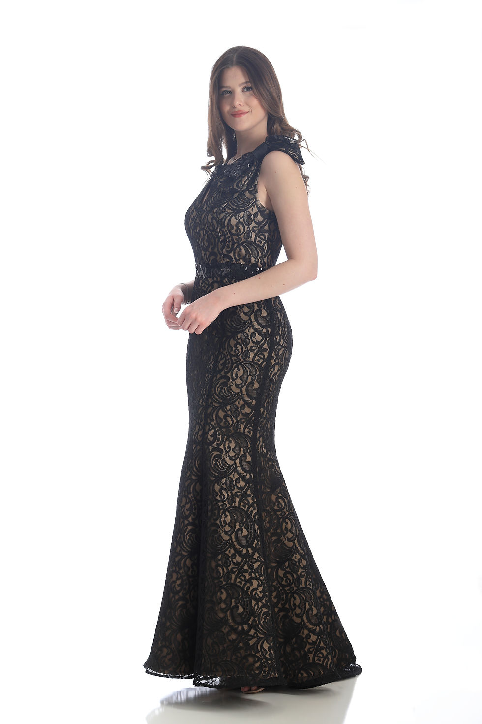 Thumbnail: A high fashion model wearing a Lorellana Couture Mother of the Bride dress