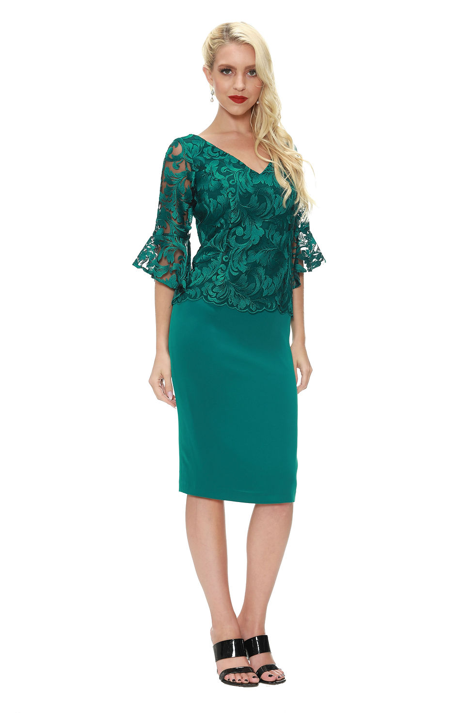 A high fashion model wearing a Lorellana Couture Mother of the Bride dress