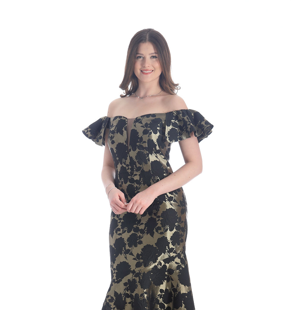 Thumbnail: A high fashion model wearing a Lorellana Couture Mother of the Bride dress