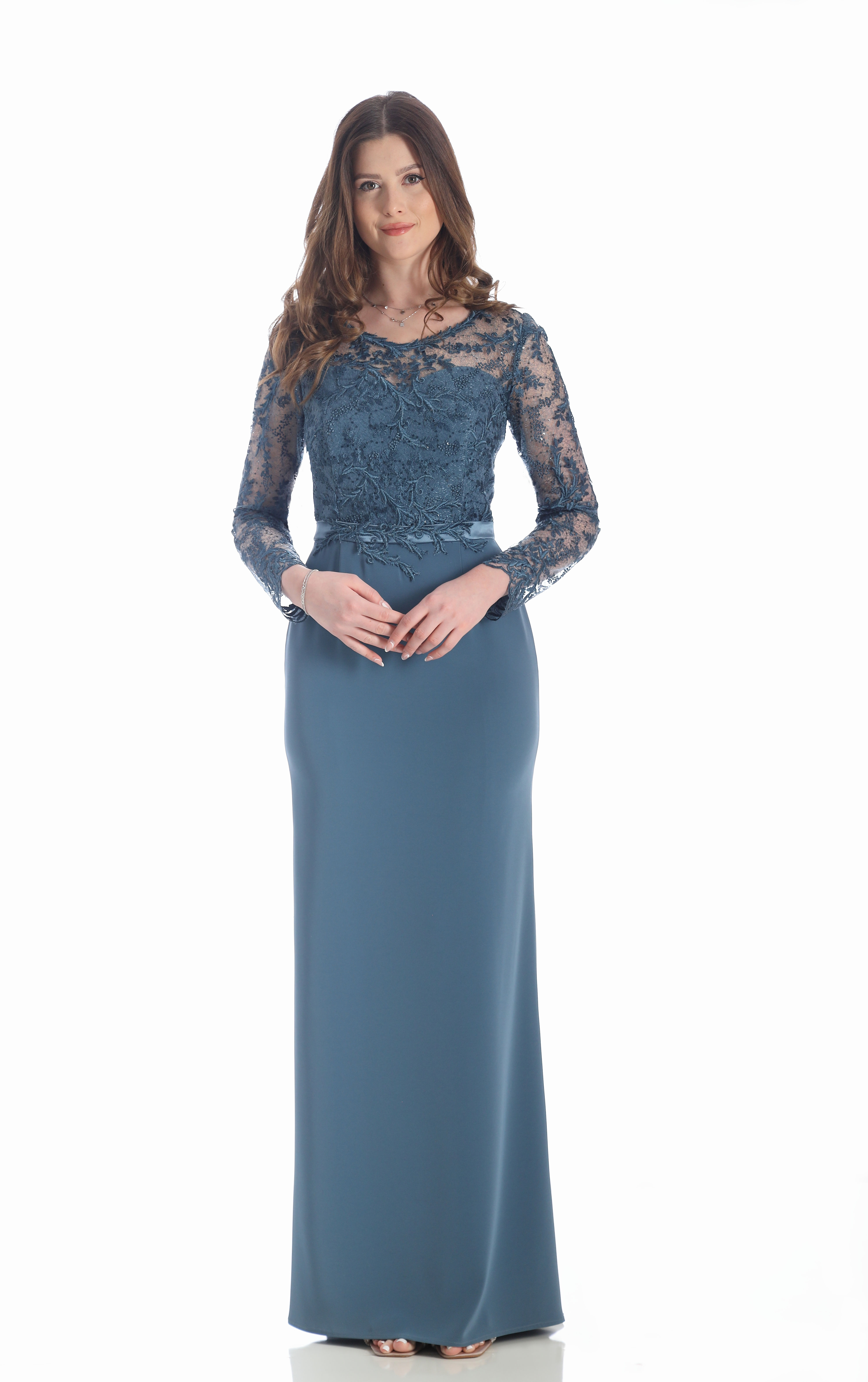 A high fashion model wearing a Lorellana Couture Mother of the Bride dress