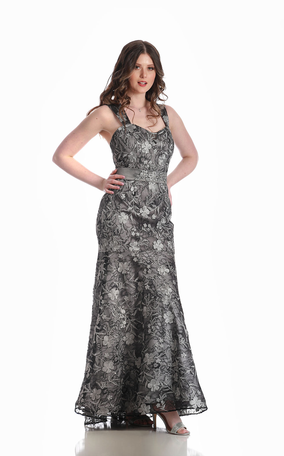 Thumbnail: A high fashion model wearing a Lorellana Couture Mother of the Bride dress