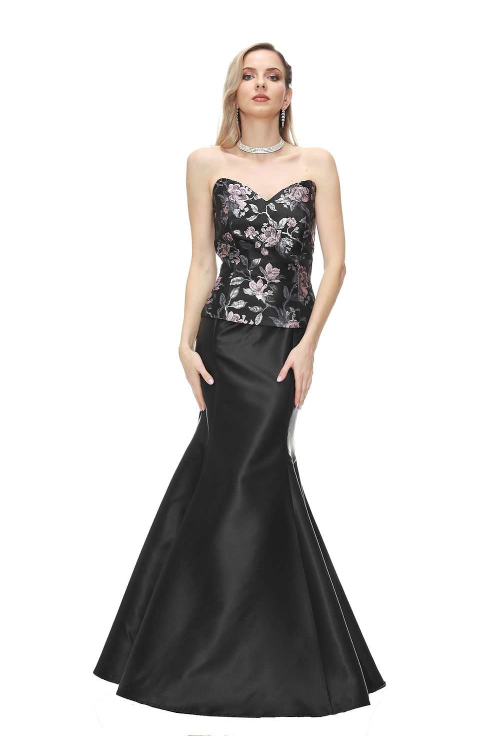 Thumbnail: A high fashion model wearing a Lorellana Couture Mother of the Bride dress