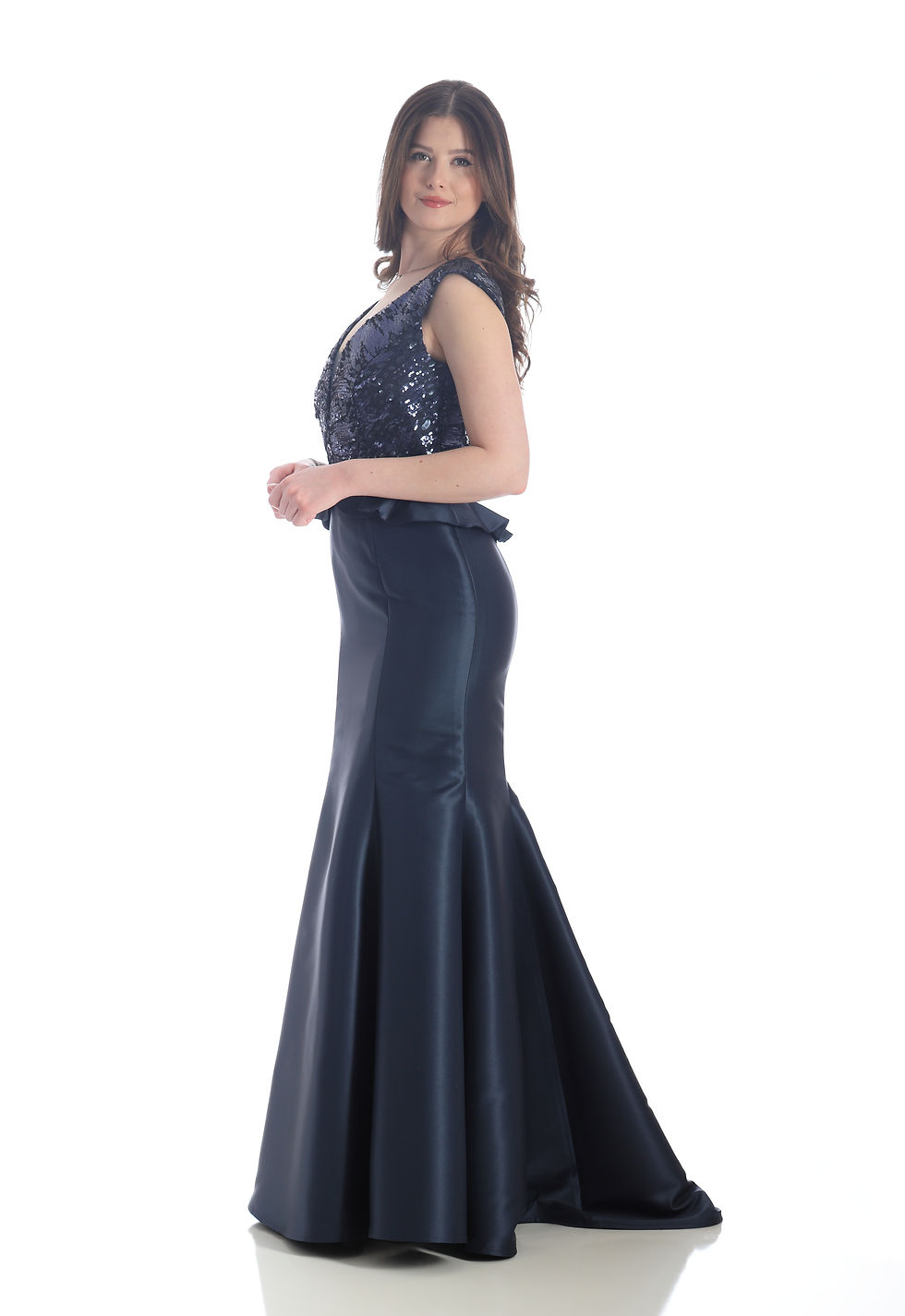 Thumbnail: A high fashion model wearing a Lorellana Couture Mother of the Bride dress