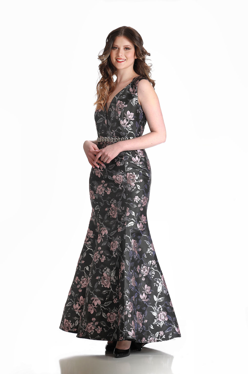 Thumbnail: A high fashion model wearing a Lorellana Couture Mother of the Bride dress