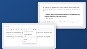 Amplience rich text editor with a custom content blocks menu open, beside a brand-styled pull quote