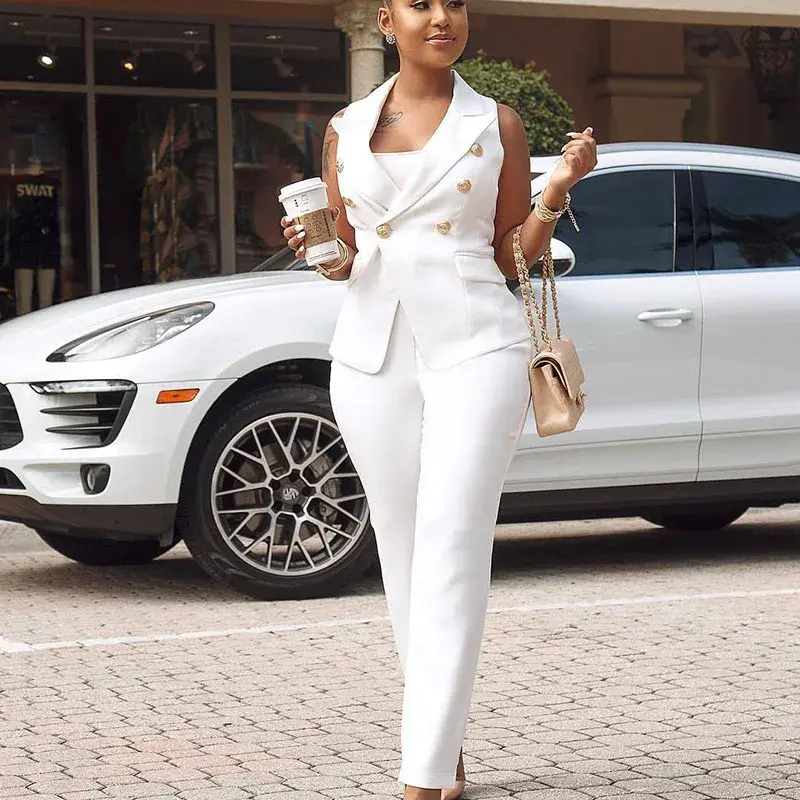 Business Work Wear Two Piece Pant Suits for Women Sets Elegant Sleeveless Blazer