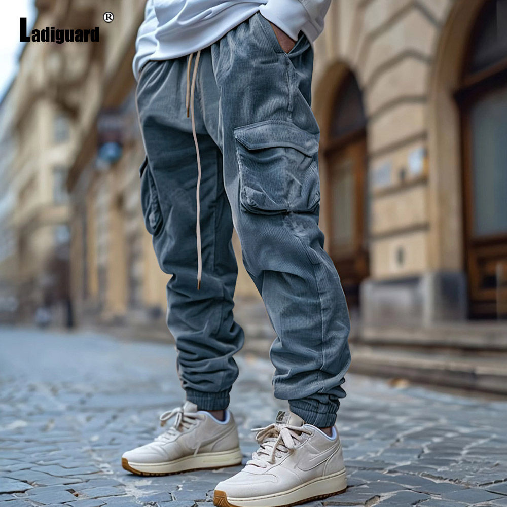 Men's Stand Pocket Corduroy Cargo Pants 2024 Autumn Basic Full-Length Trouser Pl