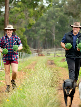 Two farmers walking through field holding vegetables
