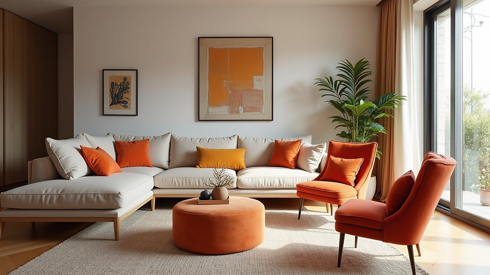 Eye-level view of a beautifully designed living room with modern furniture and vibrant decor