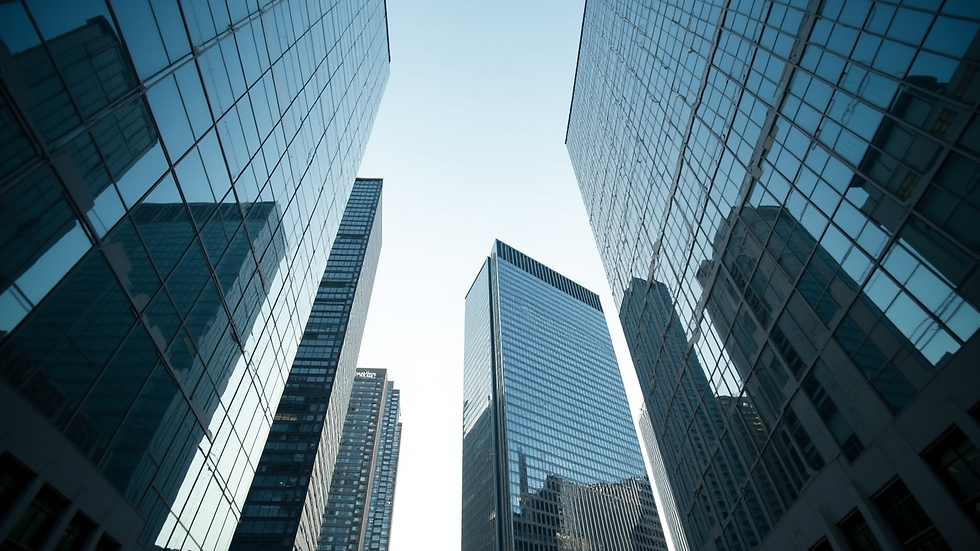 Eye-level view of a modern financial district skyline
