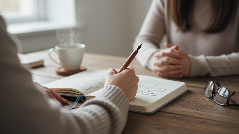 Close-up view of a journal and pen on a wooden table, symbolizing self-reflection and CBT exercises