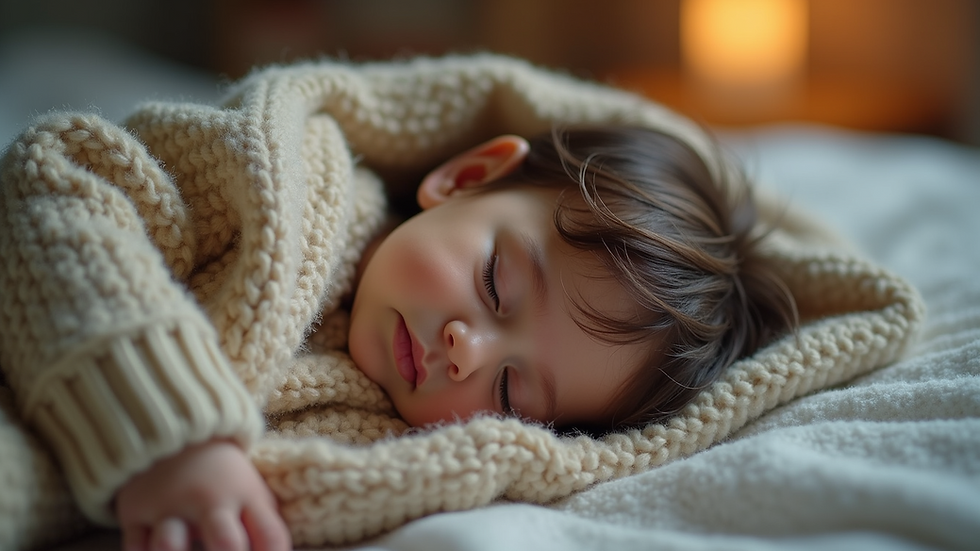 High angle view of a toddler peacefully sleeping in a cozy sleep sack
