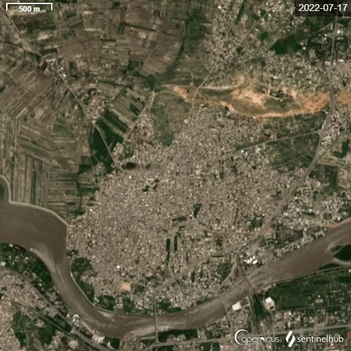 La ville de Nowshera mergé sous l'eau | 17/07/2022-28/08/2022 | Time-lapse | Sentinelhub | 10 m de résolution | Yassine Hammoud