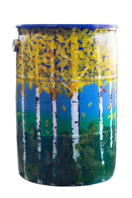 rain barrel with yellow aspen design