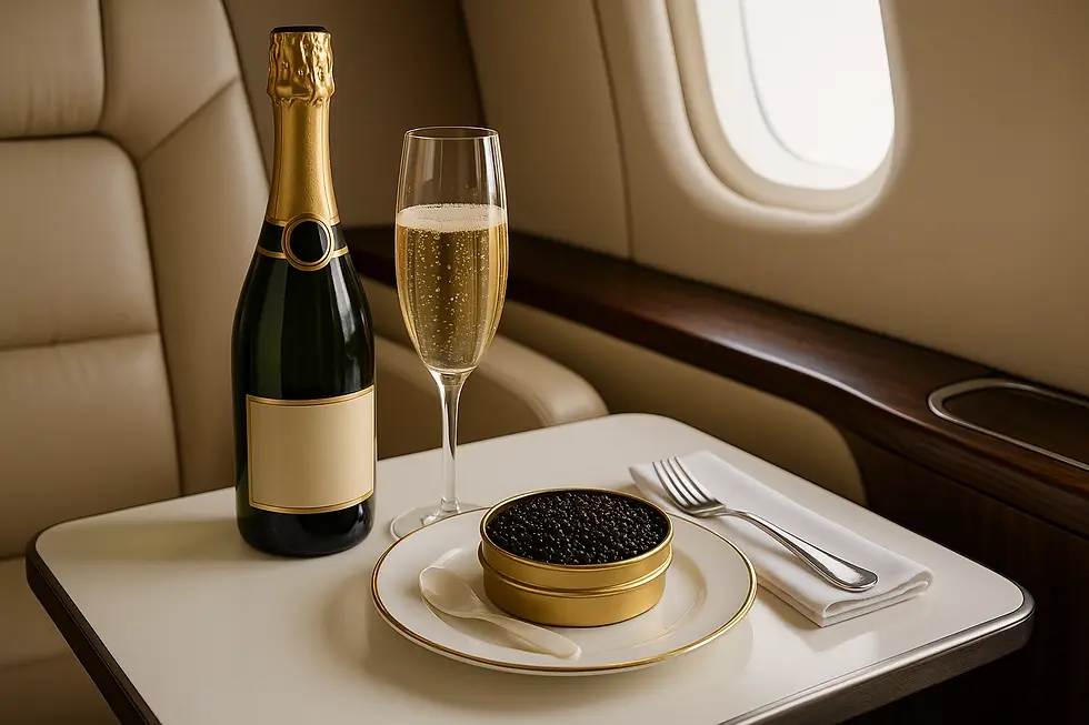 Bottle of champagne, caviar, and a glass being served on a flight