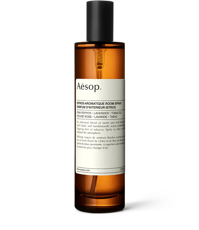 Aesop Aromatic Room Spray, amber liquid in glass bottle