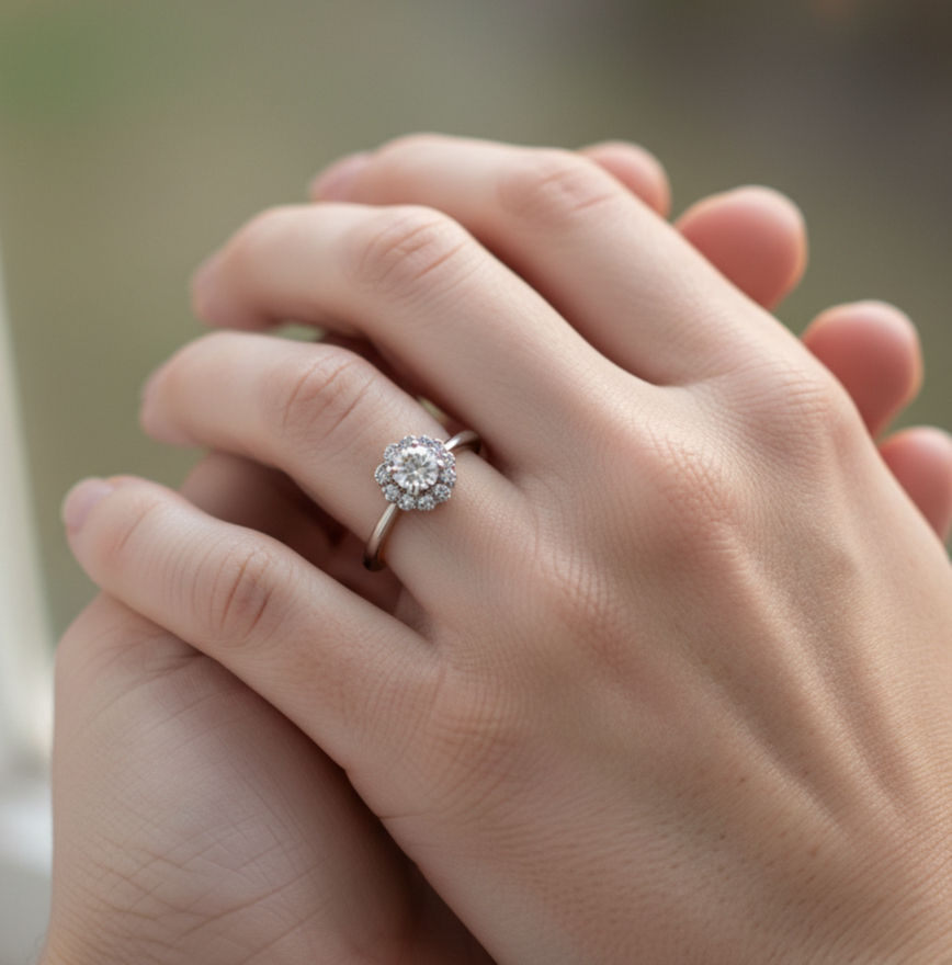 newly engaged woman's hand wearing engagement ring