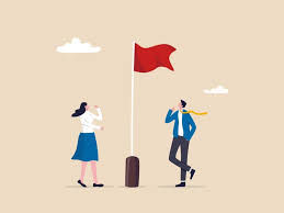A thoughtful young woman staring at her reflection, symbolic of self-reflection and emotional healing, with red flag icons subtly in the background representing ignored personal issues.
