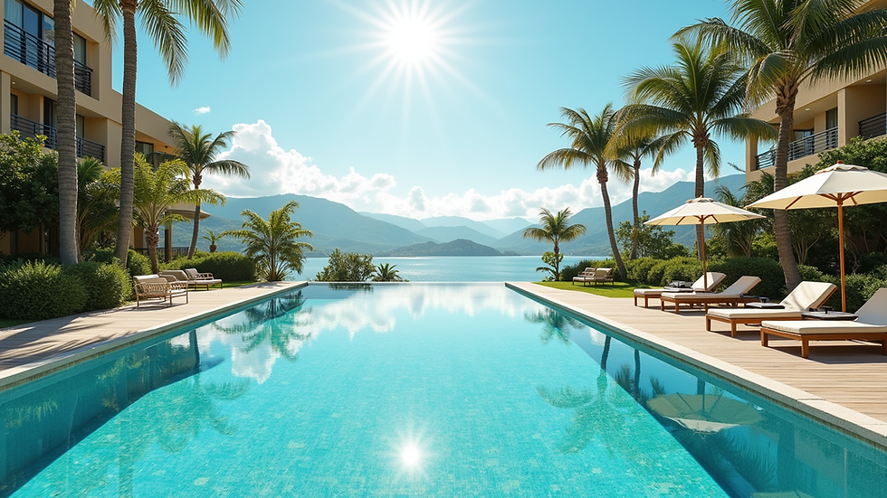 Vista aérea de un resort con piscina y áreas verdes