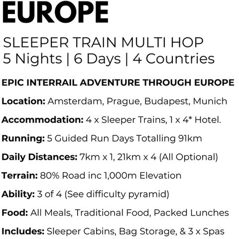 Europe Multi Country, Multi Hop, Interrail, Sleeper Train Adventure, Retreat, Holiday, Trip, 4 Countries in 5 Days. Epic Adventure, Running Tour, Running Holiday, Run Trip.