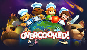 Cartoon chefs with various tools stand on a globe with animals. Cosmic background and text Overcooked! in bold. Playful mood.
