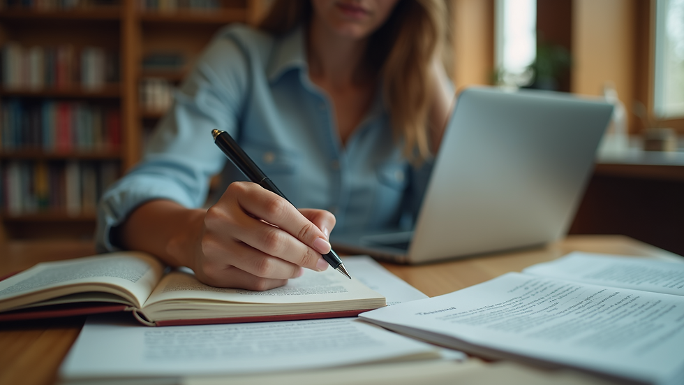 Eye-level view of a person studying with books and a laptop