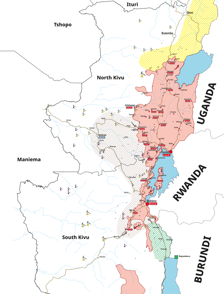 Map of eastern Democratic Republic of the Congo, highlighting North and South Kivu, marked territories, borders with Uganda, Rwanda, Burundi.