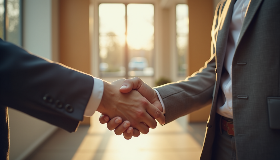 Two people in business suits shake hands in a sunlit office hallway, suggesting agreement or partnership. Warm, soft lighting enhances the mood.